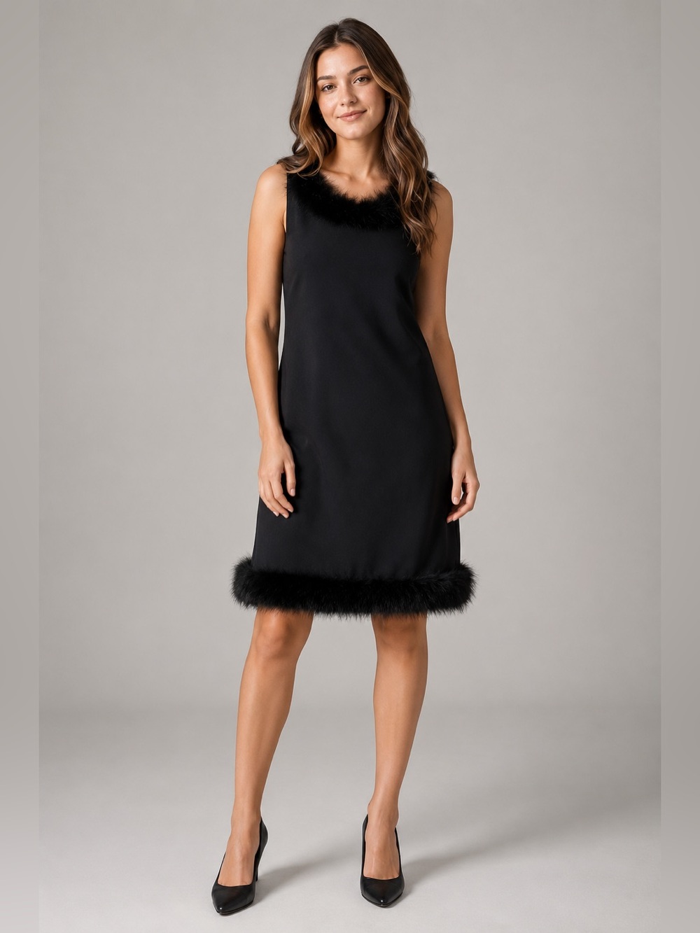 Sonia Rykiel Black Feather Fur Trim Sleeveless Back Zip Above Knee Dress Size 36
